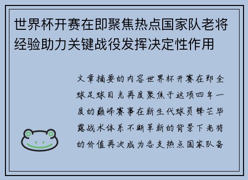 世界杯开赛在即聚焦热点国家队老将经验助力关键战役发挥决定性作用