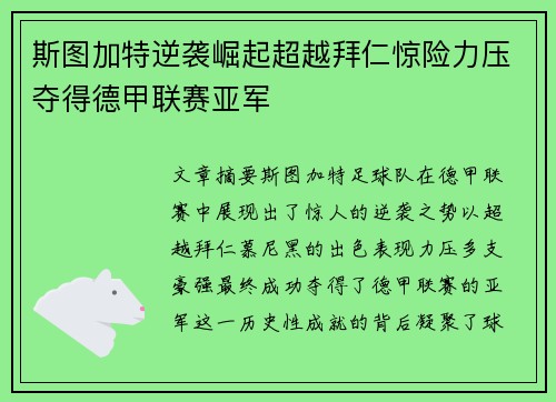 斯图加特逆袭崛起超越拜仁惊险力压夺得德甲联赛亚军