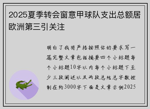 2025夏季转会窗意甲球队支出总额居欧洲第三引关注 2025夏季转会窗意甲球队支出总额居欧洲第三引关注